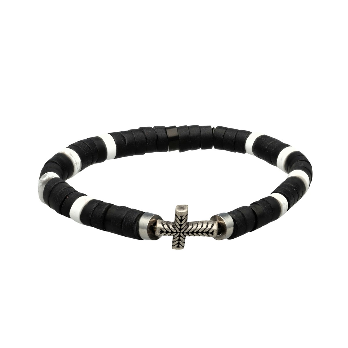 Bracelet Perles Heishi Pierres Naturelles Agate Noire Et Turquoise Blanche Croix Acier Antique-Small-16cm