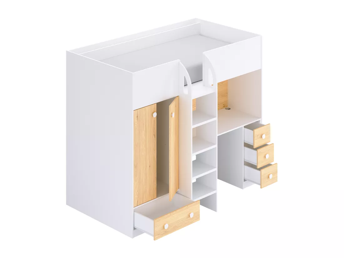 Lit mezzanine 90 x 190 cm avec armoire et bureau - Blanc et naturel + Matelas - CINAMO