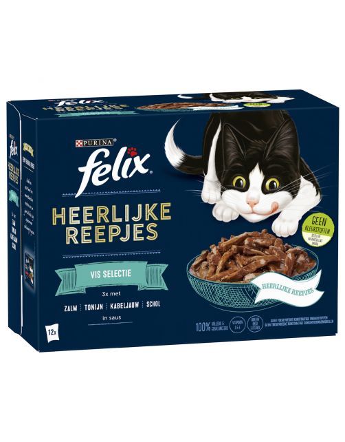 Felix Maaltijdzakjes Heerlijke Reepjes Vis Selectie Box - Kattenvoer - Zalm Tonijn Kabeljauw 12x85 g