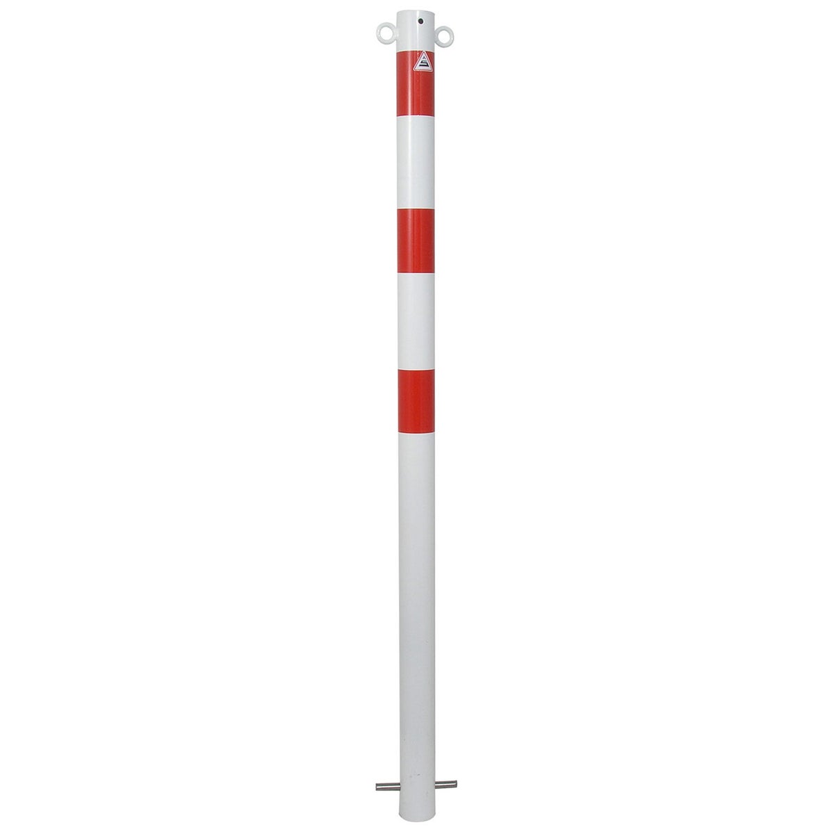 Schake afzetpaal van gegalvaniseerde stalen buis Ø42x2,5mm met gelaste stalen kap, 900mm boven de grond, voor inbetonnering, met grondanker en 2 ogen