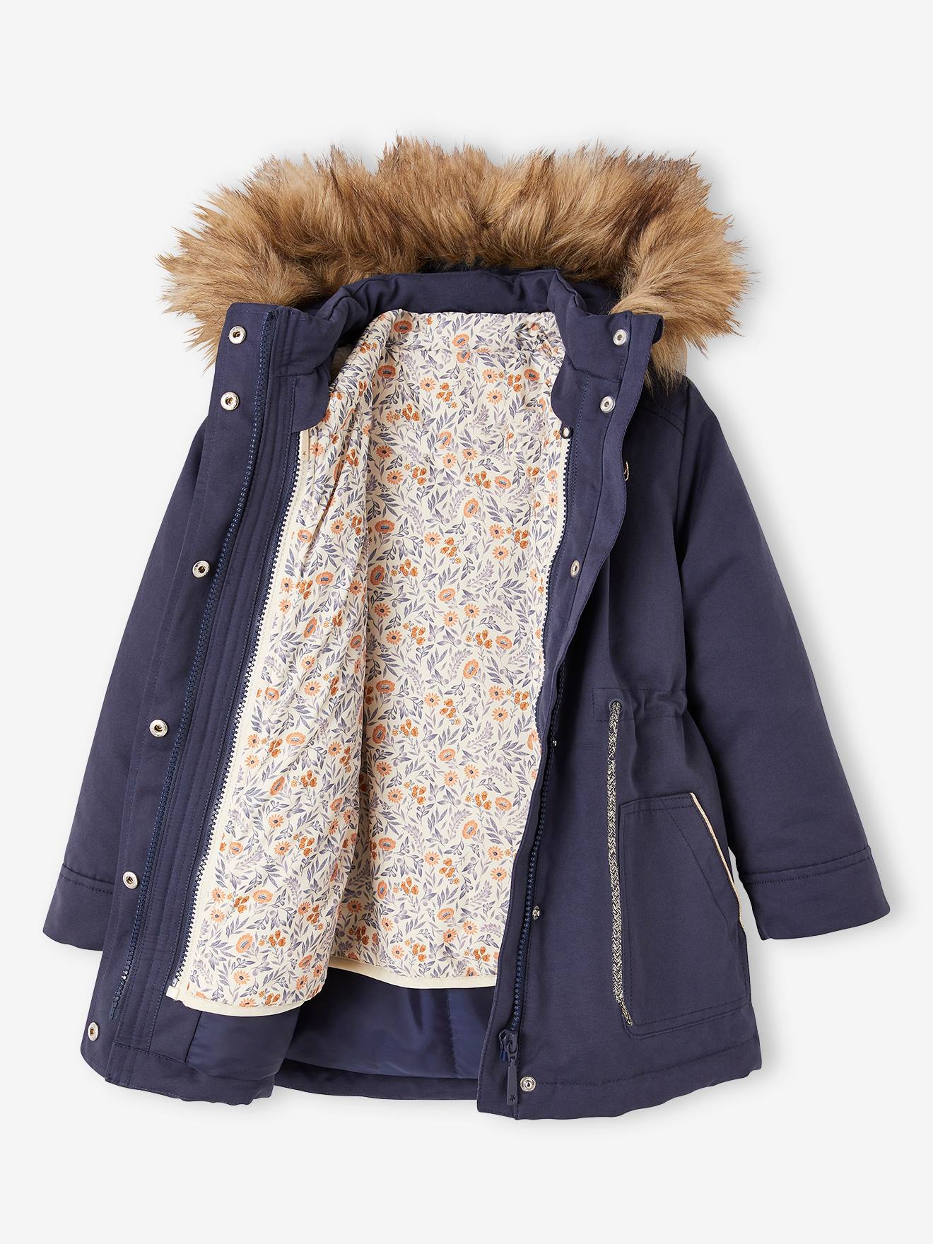 Parka com capuz 3 em 1, verde-escura lisa para meninas