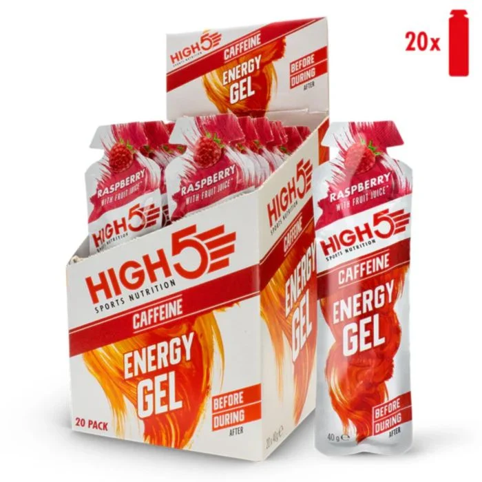 High5 Unisex Energi-gels Energy Gel Caffeine Raspberry 20x40g Hvid
