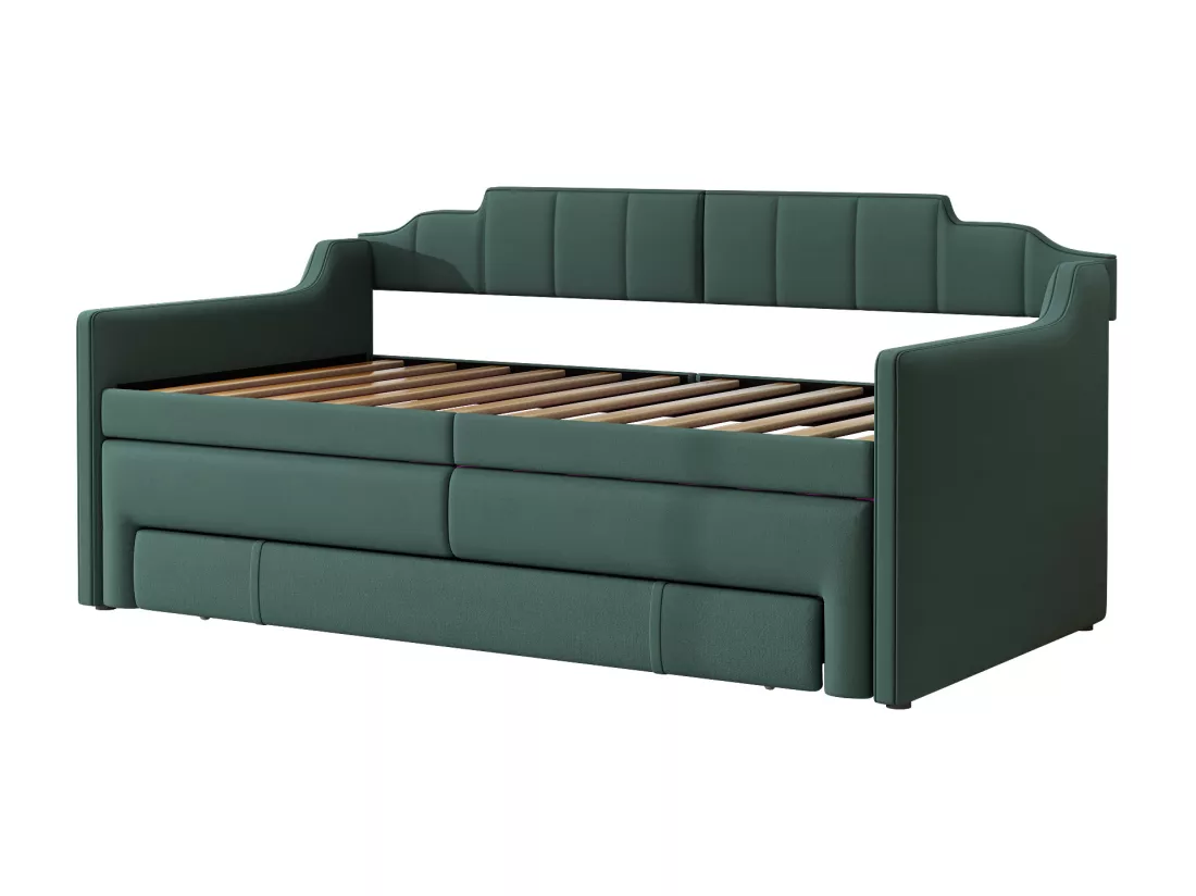 Lit gigogne mobile avec 3 tiroirs - 90 x 200 cm + 90 x 190 cm - lin et MDF - coloris vert
