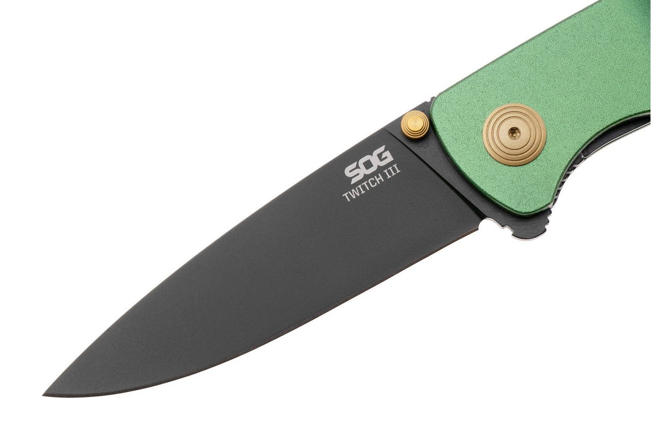 SOG Twitch III 11-15-04-43, Black 154CM, Forest Green Aluminum, Gold Hardware zakmes