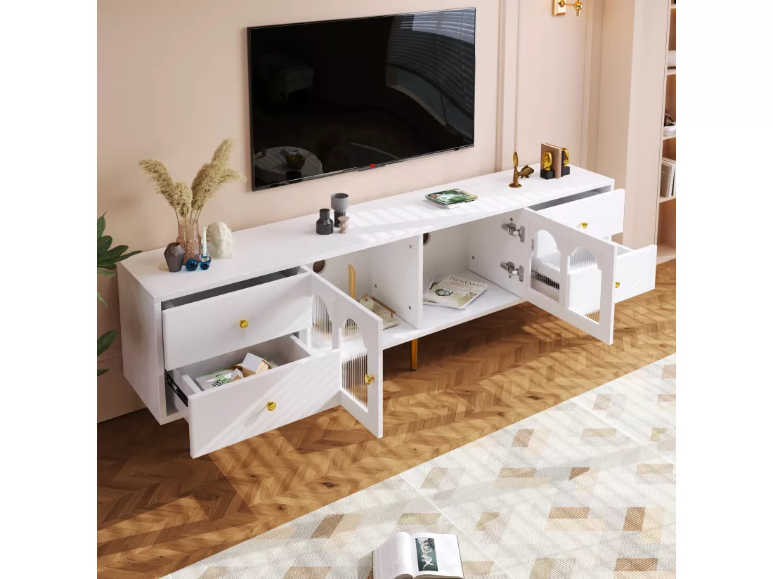 Meuble TV 170cm - 4 tiroirs et 2 portes - poignées et pieds dorés - Blanc