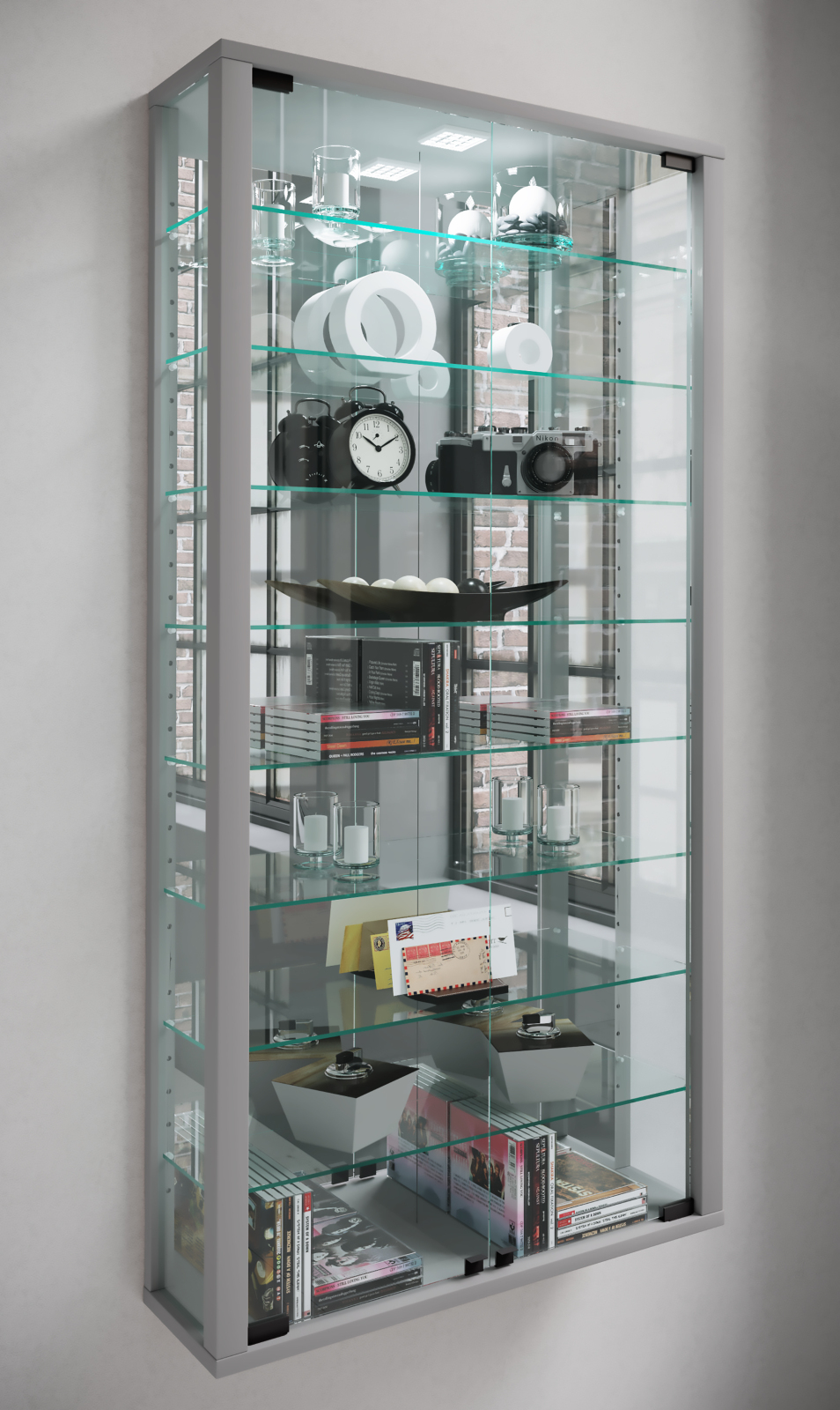 Wandvitrine VITROSA MAXI - silber - mit Rückwandspiegel und Beleuchtung - 59 cm
