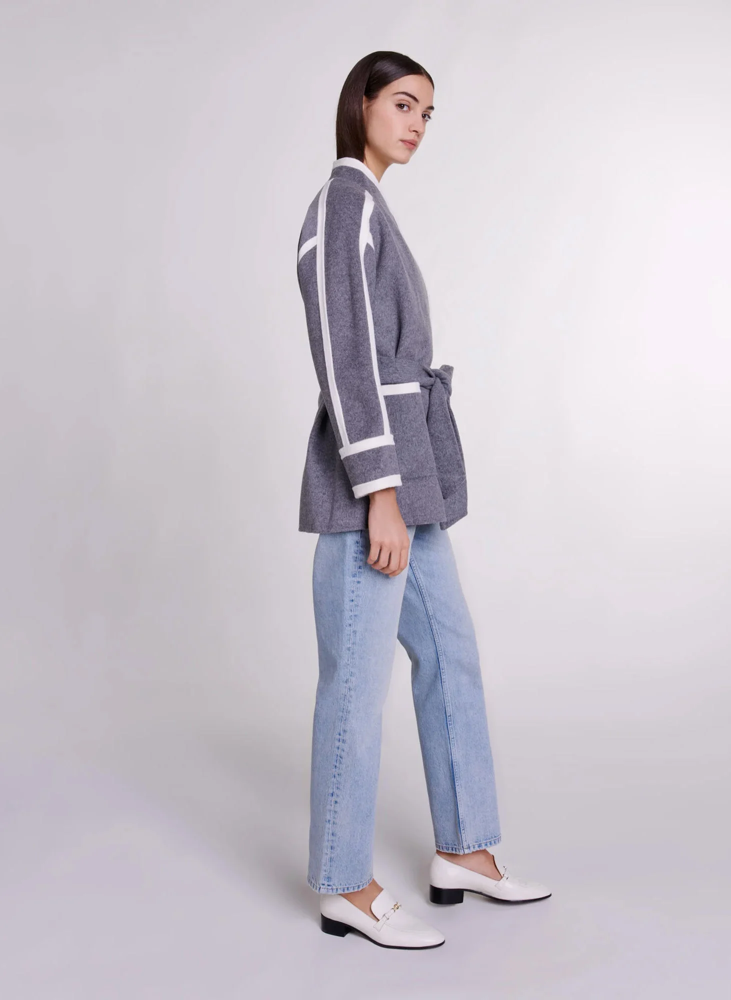 Manteau court double face en laine mélangée| Gris