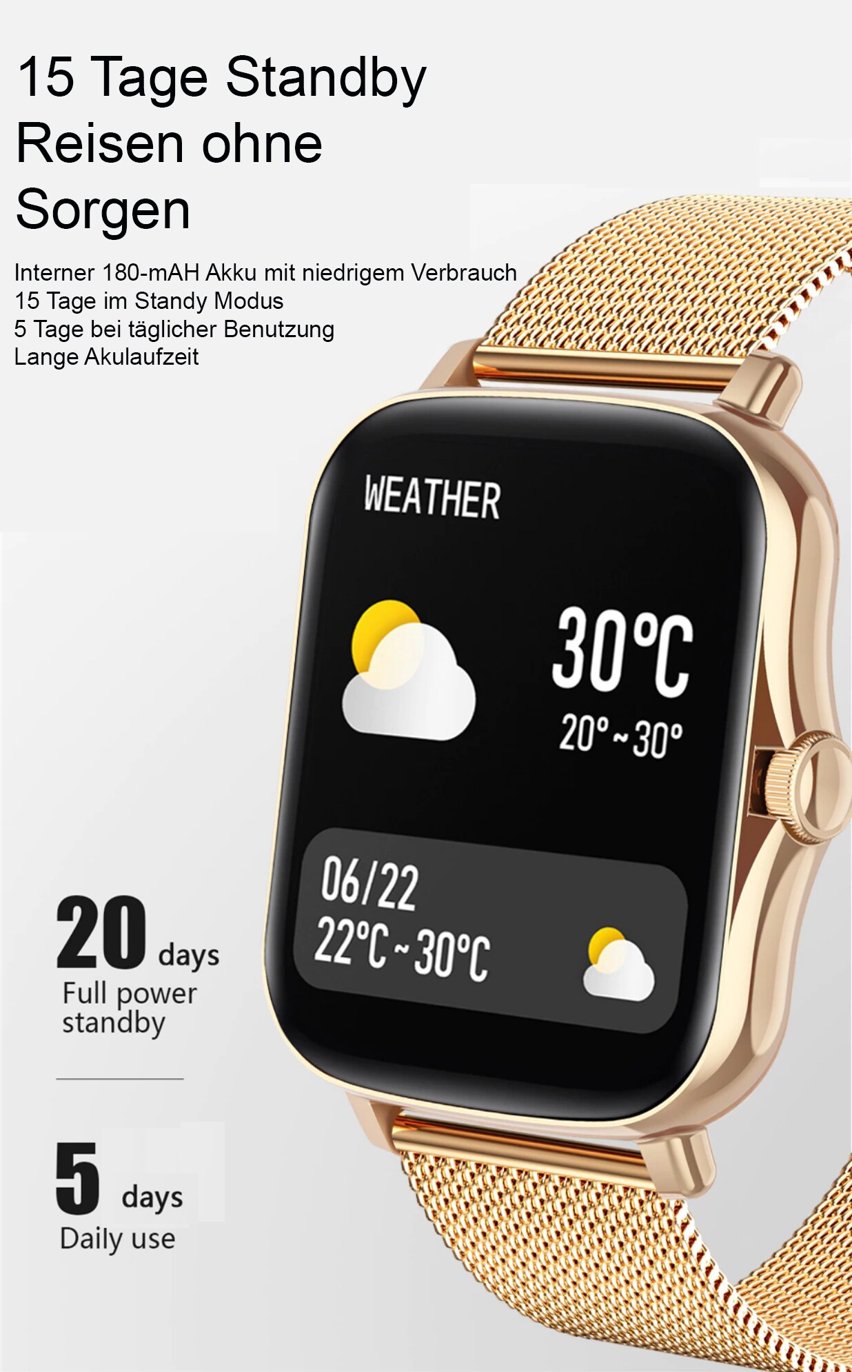 TPFNet Smart Watch / Fitness Tracker IP67 - Milanaise Armband + Silikon Armband - Android & IOS - Silber
