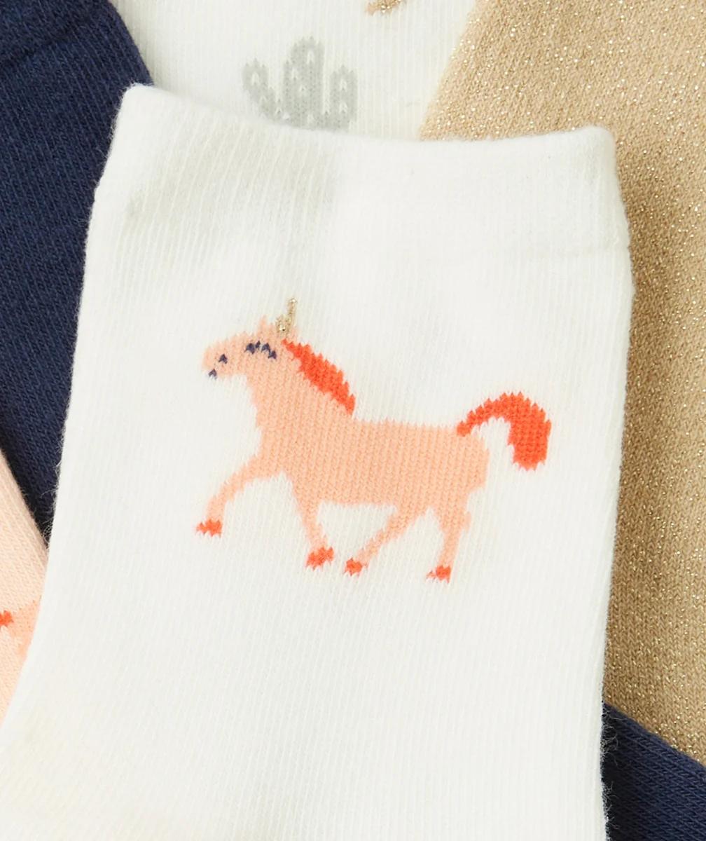LOT DE 5 PAIRES DE CHAUSSETTES FILLE THÈME LICORNE BLEU ROSE ET COULEUR DORÉE