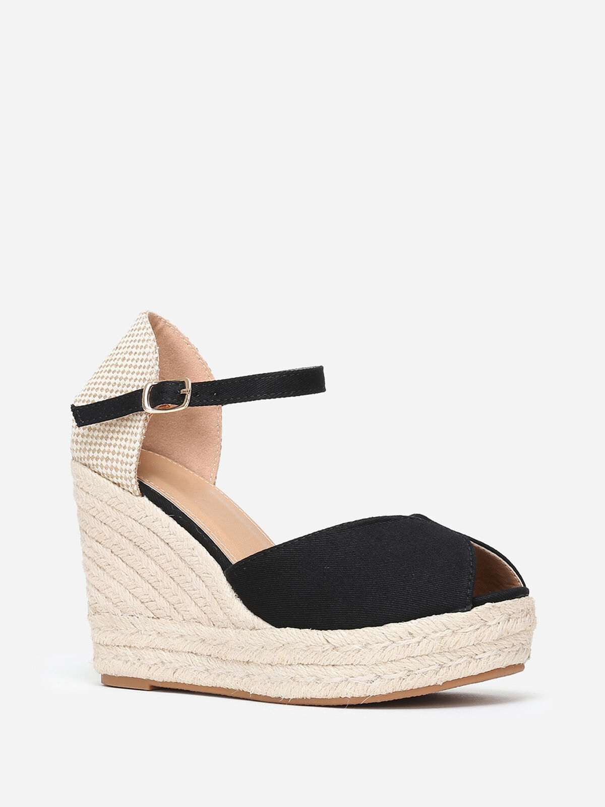 Espadrilles compensées peep toes en toile- Noir