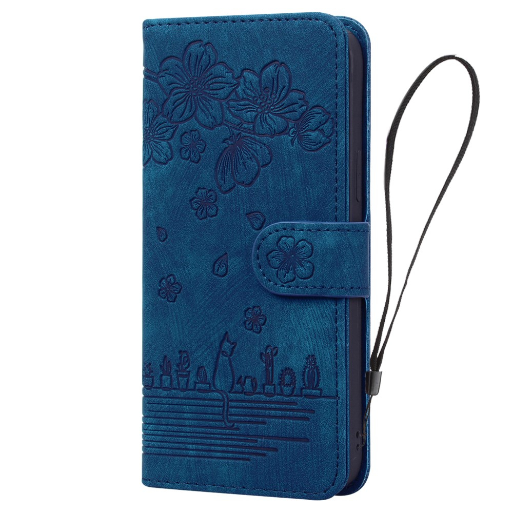 Samsung Galaxy A54 5G Leder Tasche Flip Cover Katze & Blumen Imprint - Blau