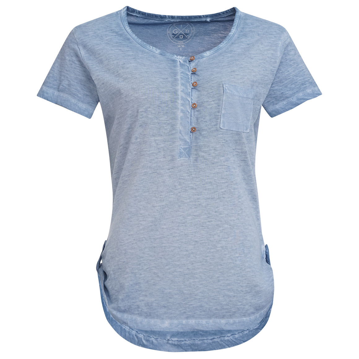 Gina Damen T-Shirt mit Knopfleiste blau