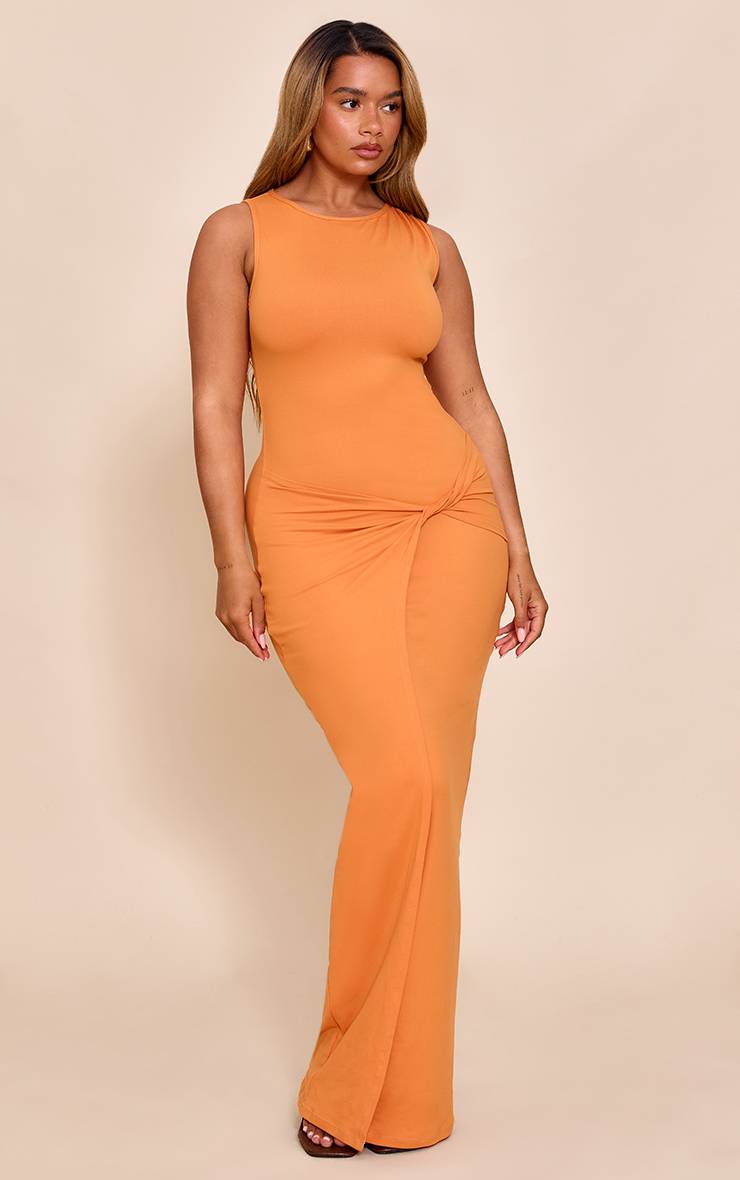 Abricot Robe Maxi Sculptante Moulante Col Bateau Taille Nouée
