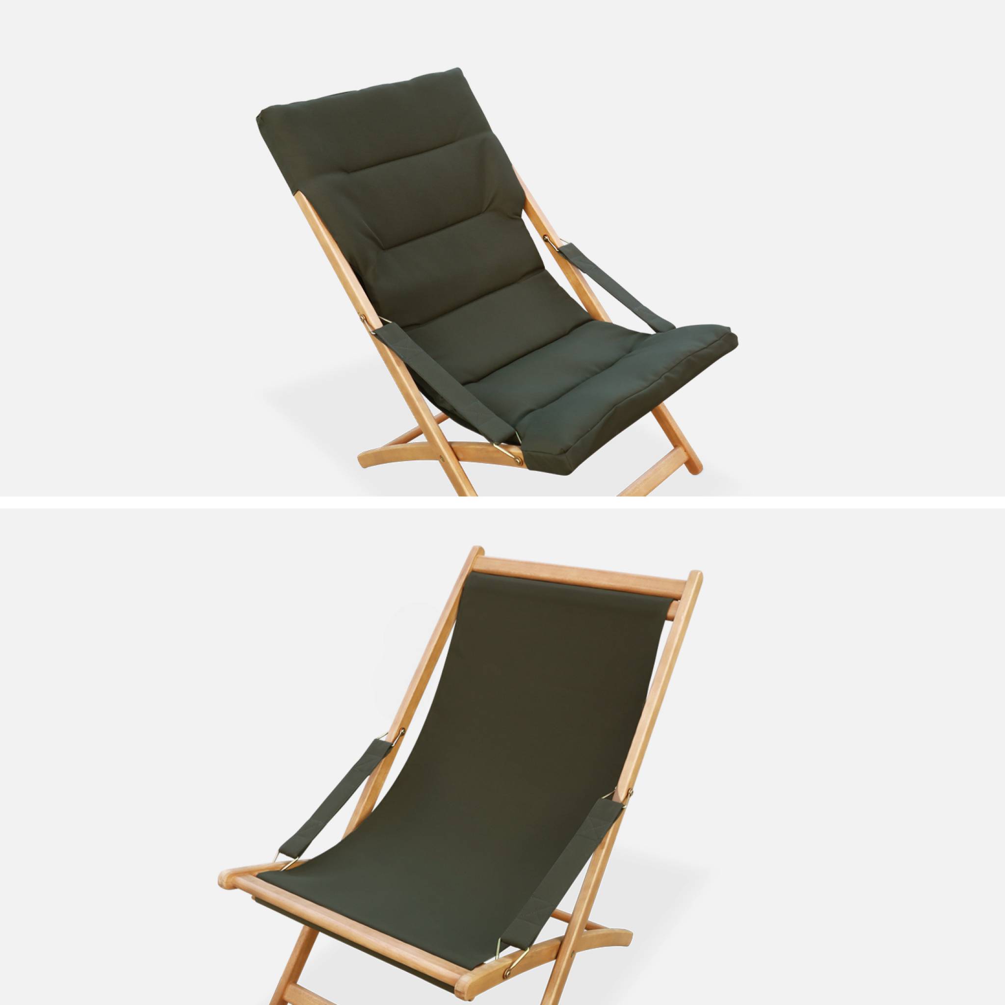 Lot de 2 chiliennes kaki en bois. Pliables. Assise rembourrée