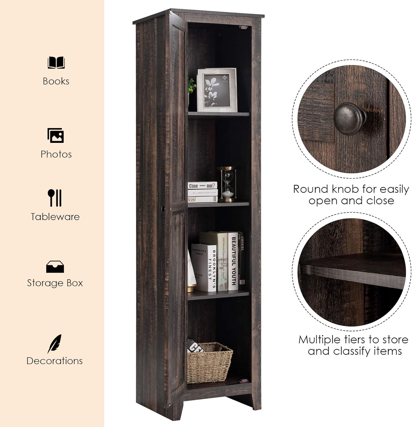 GIANTEX 183cm Hochschrank, schmaler Badezimmerschrank mit 1 Tür & 4 Ablagen, Aufbewahrungsschrank für Küche, Wohnzimmer & Badezimmer, Küchenschrank freistehend (Braun)
