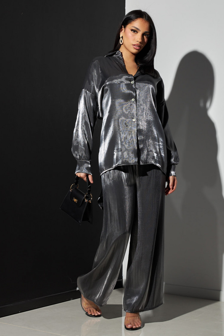 Ensemble 2 pièces chemise + pantalon satiné argenté