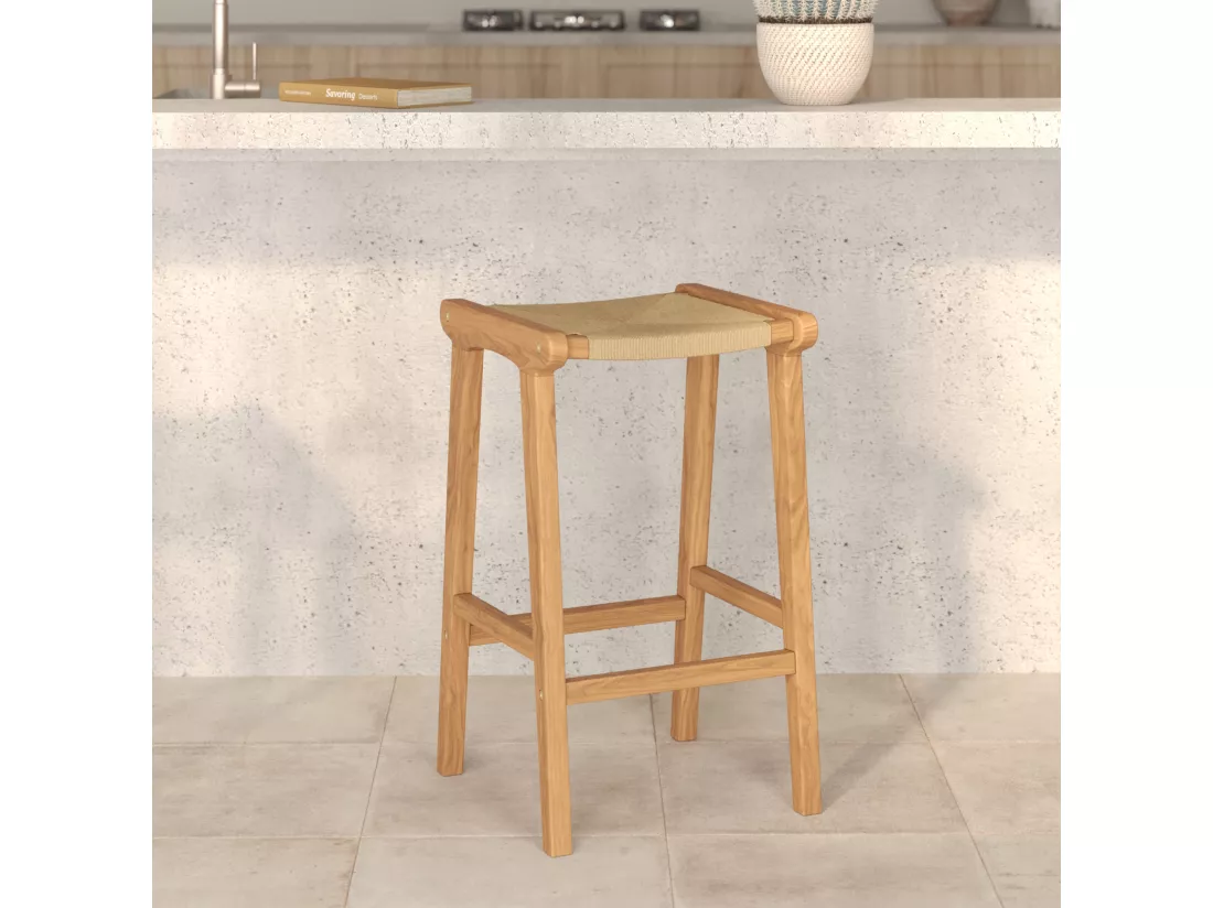 Tabouret pour ilot central 68 cm en teck et rotin - Kuna
