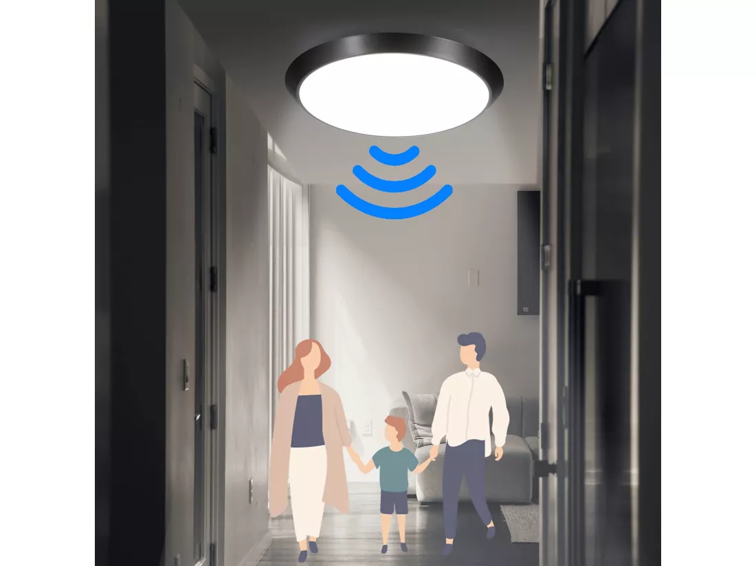 NETTLIFE Plafonnier LED avec détecteur de mouvement intérieur noir IP44 15 W Lampe de cave ronde avec détecteur de mouvement Ø 30 cm 4000 K