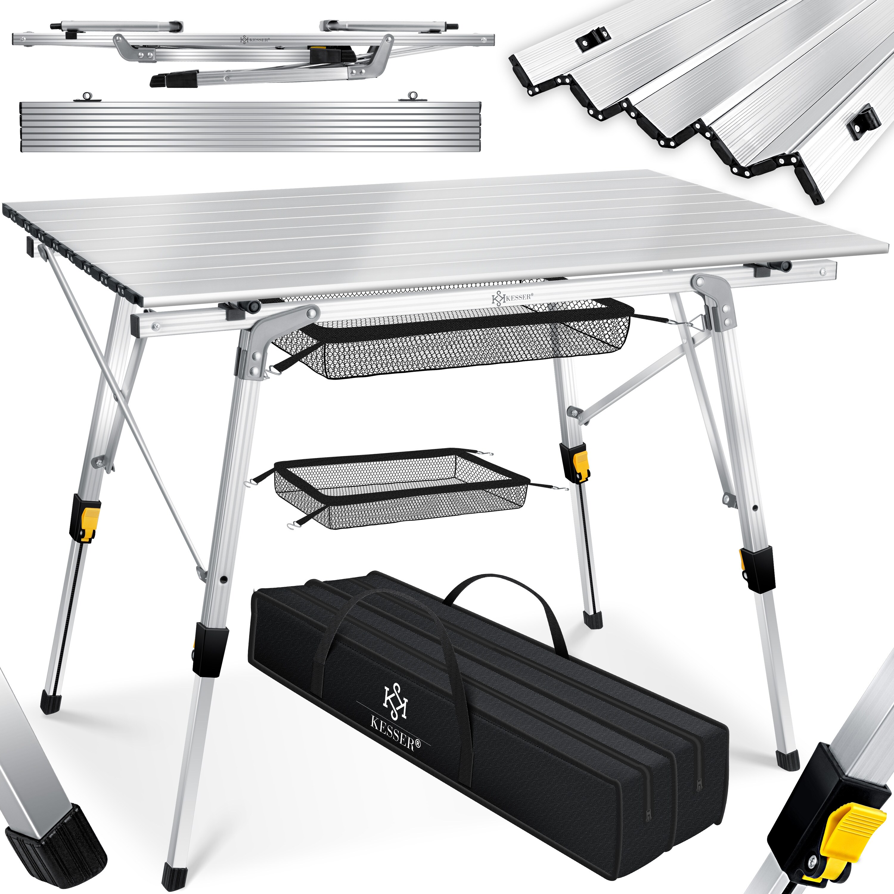 KESSER® Campingtisch faltbar Klapptisch Camping Tisch mit Aluminiumrahmen Aufrollbare Tischplatte Falttisch klappbar mit Höhenverstellung inkl. Tragetasche mit Trageband 90 x 53cm - bis 30 kg