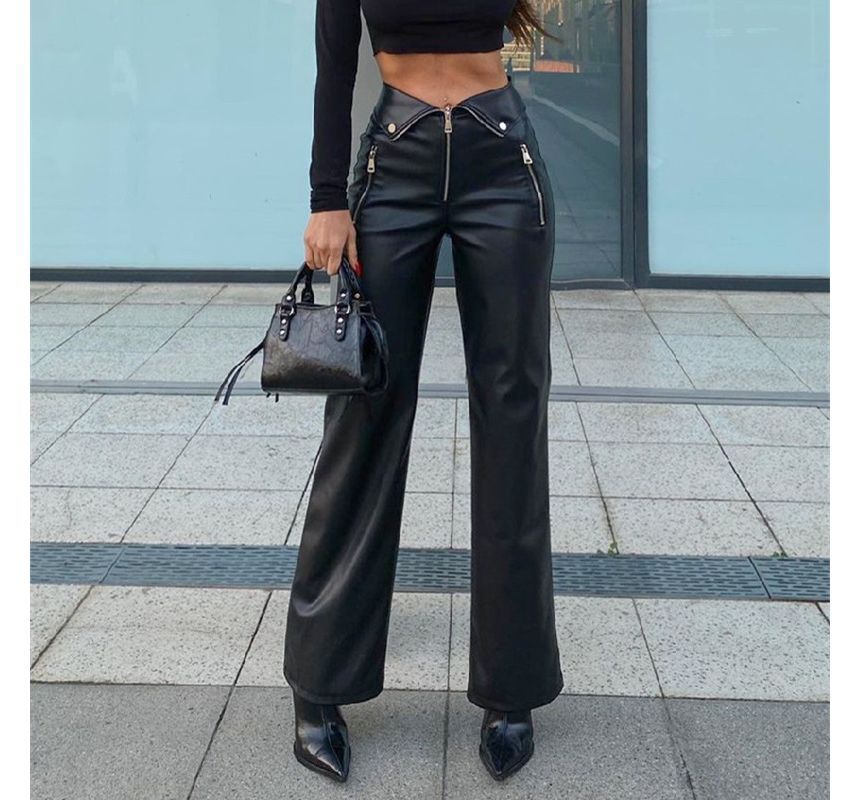 Bulgaris - Hoge taille imitatieleren wijde broek