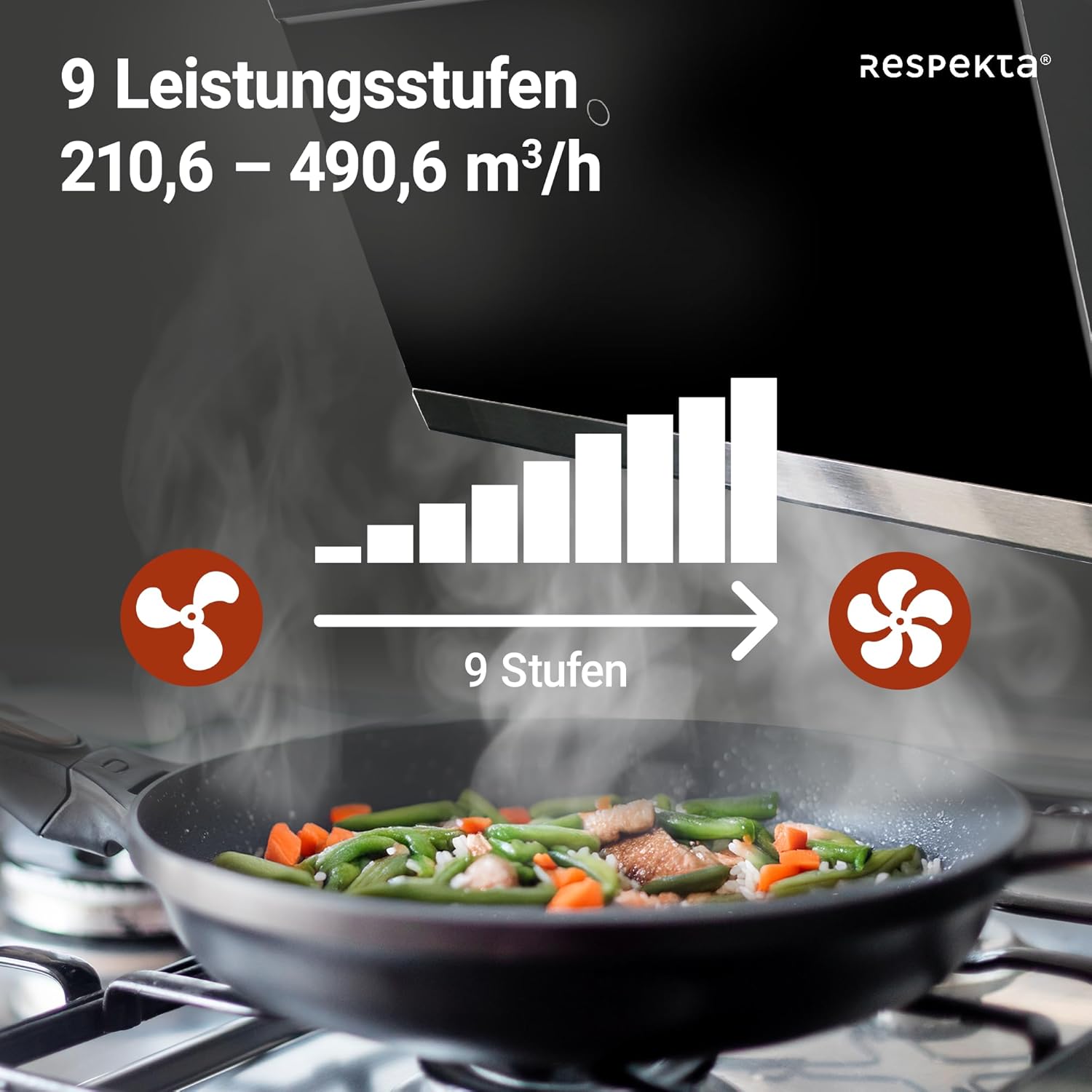 Respekta Dunstabzugshaube kopffrei / Dunstabzugshaube schräg 60 cm / Glasschirm mit Edelstahlrahmen in Schwarz / Abluft - und Umluftfunktion / CH89060S / A++ / 39–59 dB