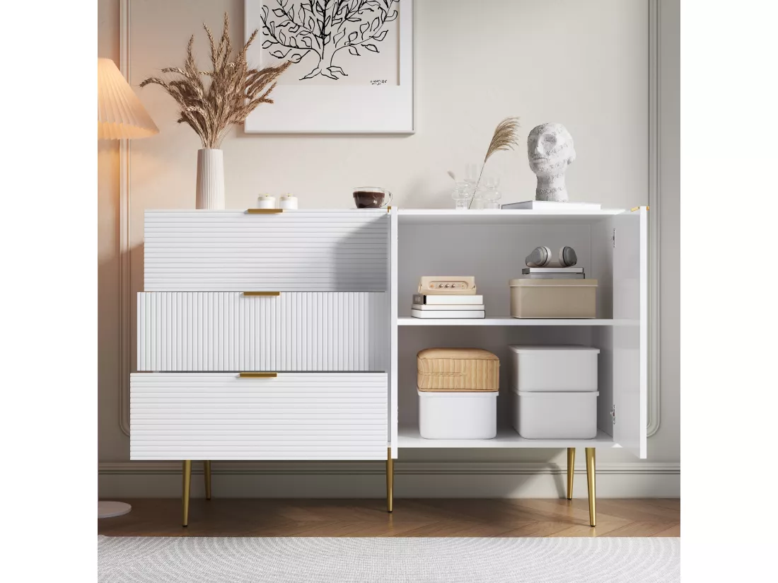Buffet moderne - 2 portes et 3 tiroirs - Blanc