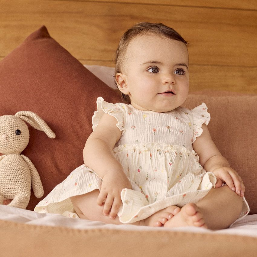 Robe body en jersey froissé imprimé pour bébé fille - Ecru