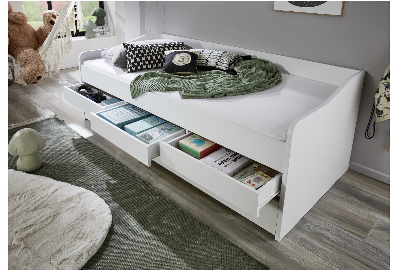Relita - Funktionsbett Jill 90x200 ohne Lattenrost, 3 Schubladen u. Bettschublade Spanplatte weiß
