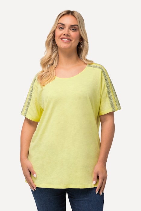 T-Shirt, Stickerei, Smok-Schultern, Rundhals, Halbarm