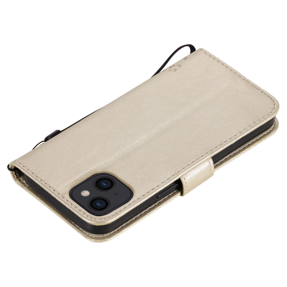 iPhone 14 Leder Tasche Flip Cover Baum Imprint - Gold
