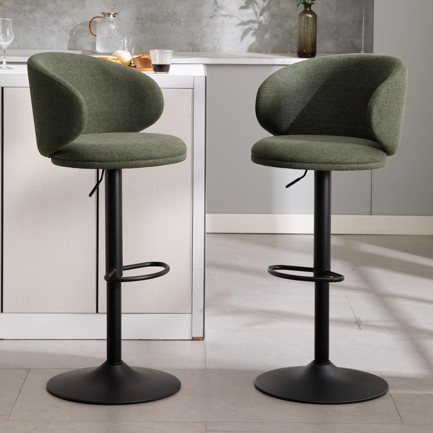 chairus Barhocker Drehbar 2er Set Barstuhl für Küche Leinen Höhenverstellbare Hochhocker mit Fußstütze Thekenhocker Esszimmer Wohnzimmer (Grün-2) BS9146568