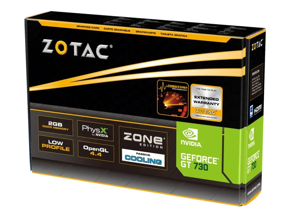 ZOTAC NVIDIA® GeForce® GT 730 - ZONE Edition - grafikkort - GF GT 730 - 2 GB DDR3 - PCIe 2.0 x16 lavprofil - DVI, D-Sub, HDMI - blæserløs