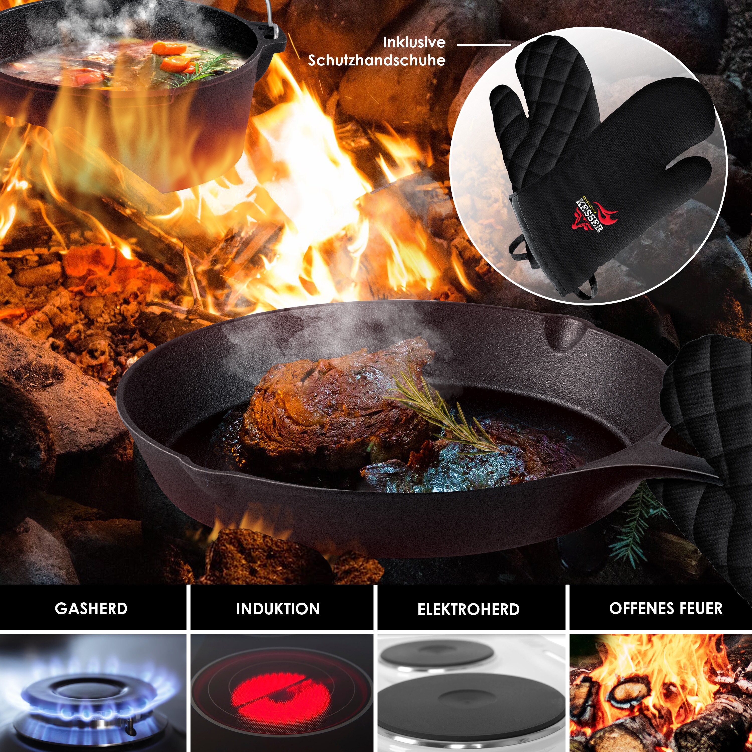 KESSER® Dutch Oven Set in Holzkiste mit Dutch Oven Mit viel Zubehör - Gusseisen - bereits eingebrannt mit Kochtopf Grillplatte Pfanne Deckelheber Inkl. Rezeptbuch Handschuhe