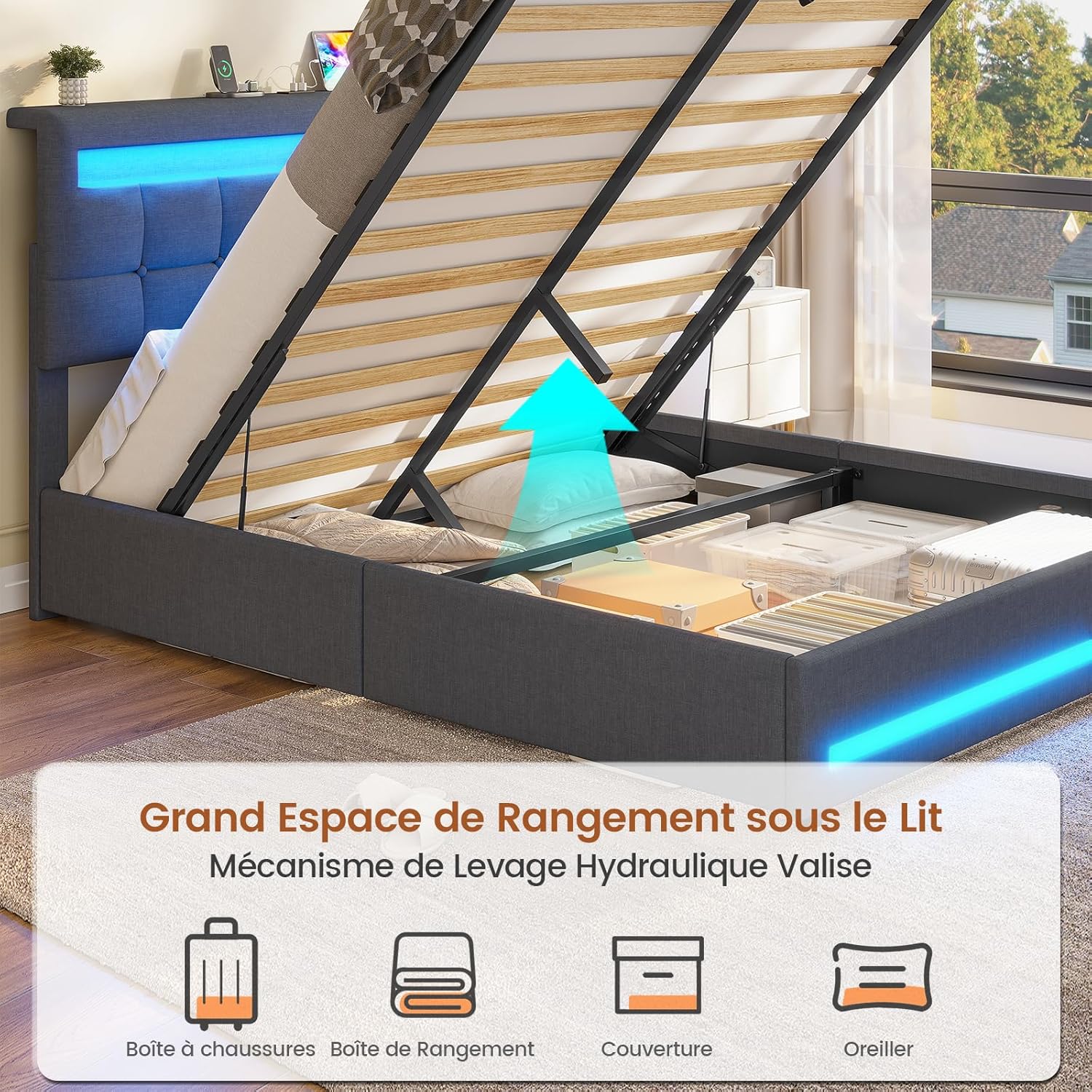 AOGLLATI Hydraulisch Stauraumbett 140×200cm, Polsterbett Doppelbett mit LED und USB-Ladefunktion, Funktionsbett Bettgestell mit Stauraum und Lattenrost, Linen,Ohne Matratze, Dunkelgrau
