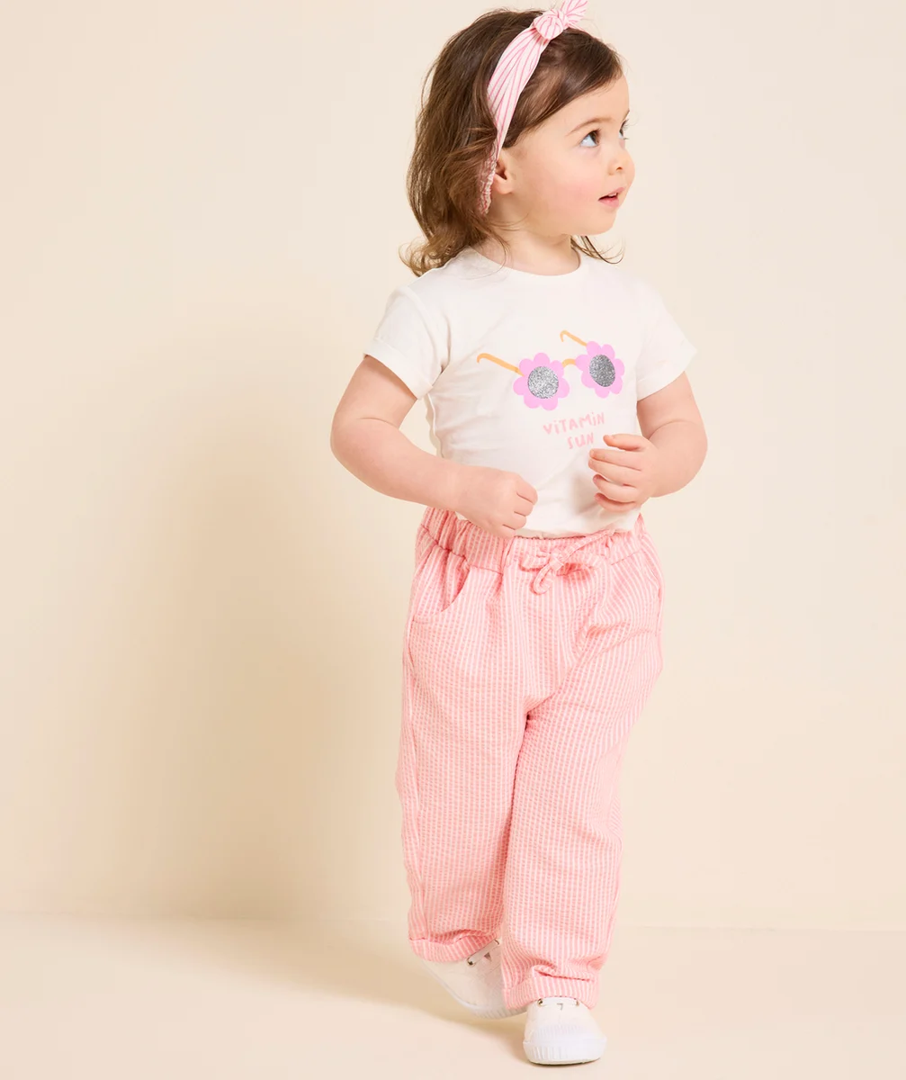 pantalon droit bébé fille en matière gaufrée à rayures roses