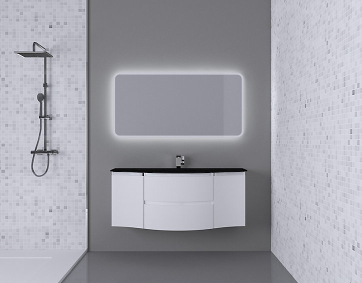 Ensemble Vague L.138 cm meuble sous vasque à suspendre blanc mat + plan vasque central verre noir mat