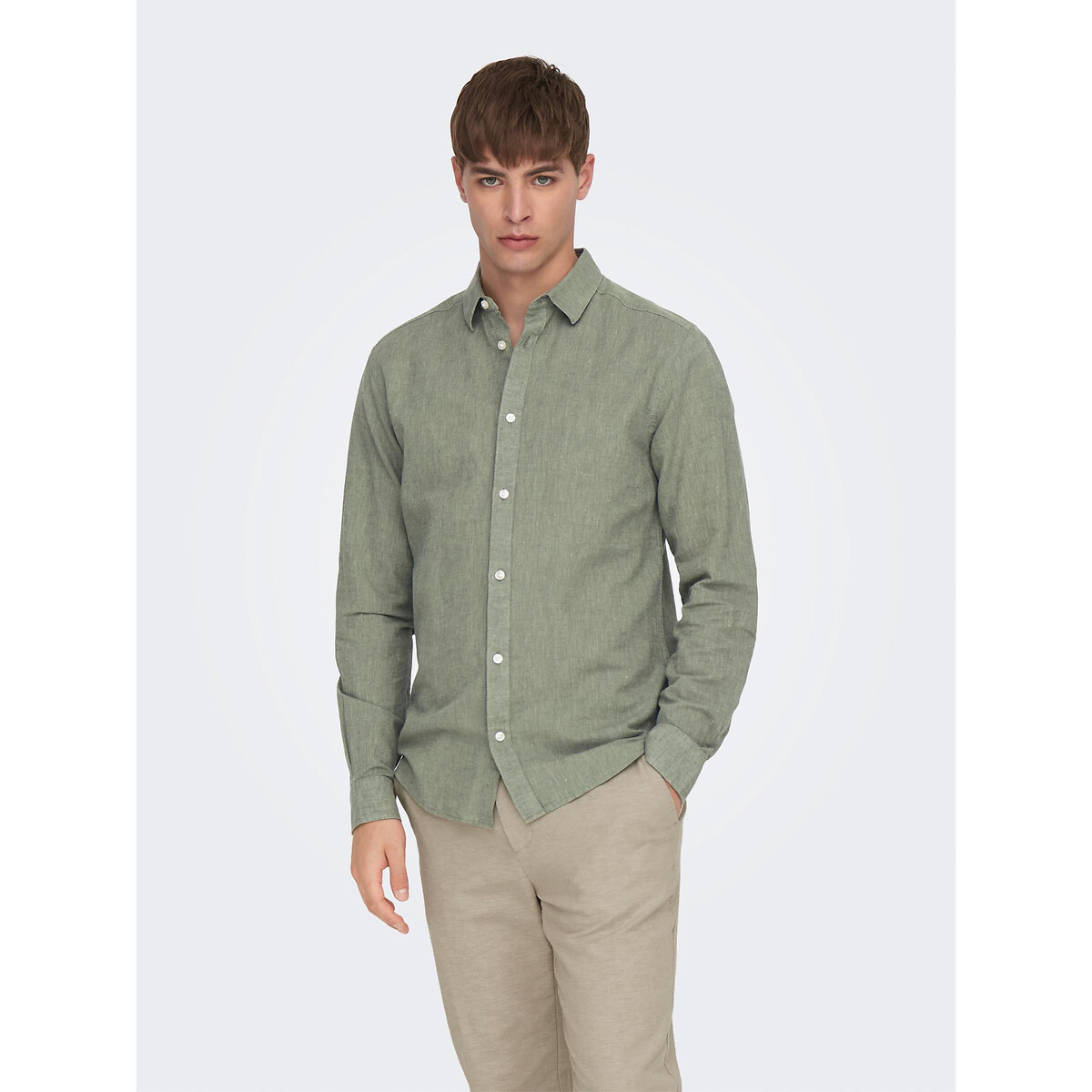 ONLY & SONS<br>Camisa slim fit em algodão e linho