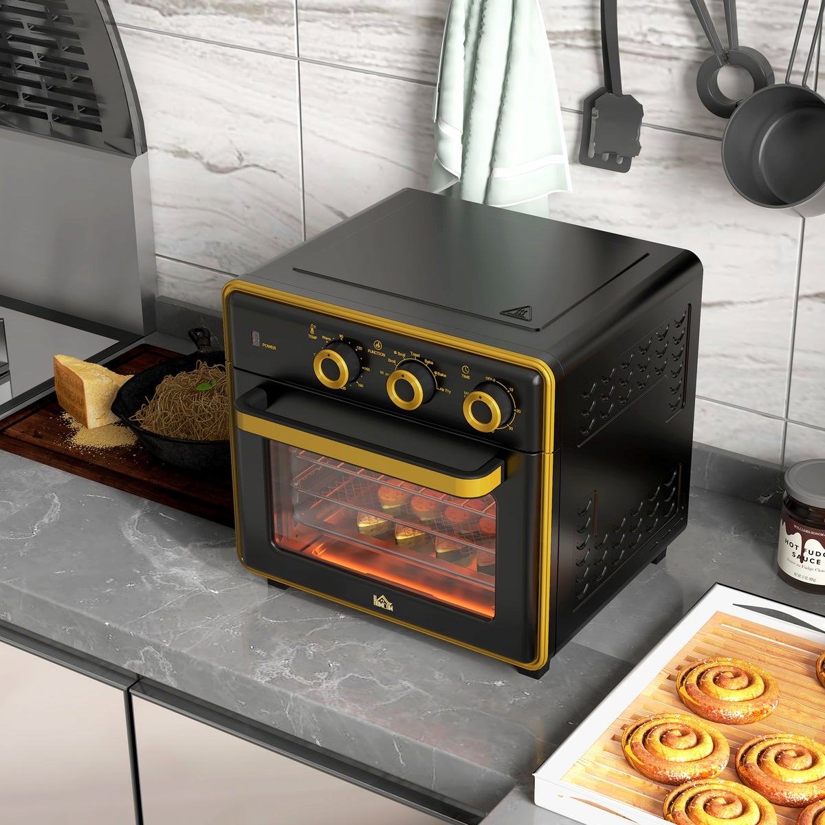 HOMCOM Mini Oven 20L, 5-in-1 Pizzaoven incl. Bakplaatset, 1-uurs timer, 90-230℃, 1400 W, 36L x 37,7B x 34,5H cm, Staal, Gehard glas, Roestvrij staal, Metaal, Zwart