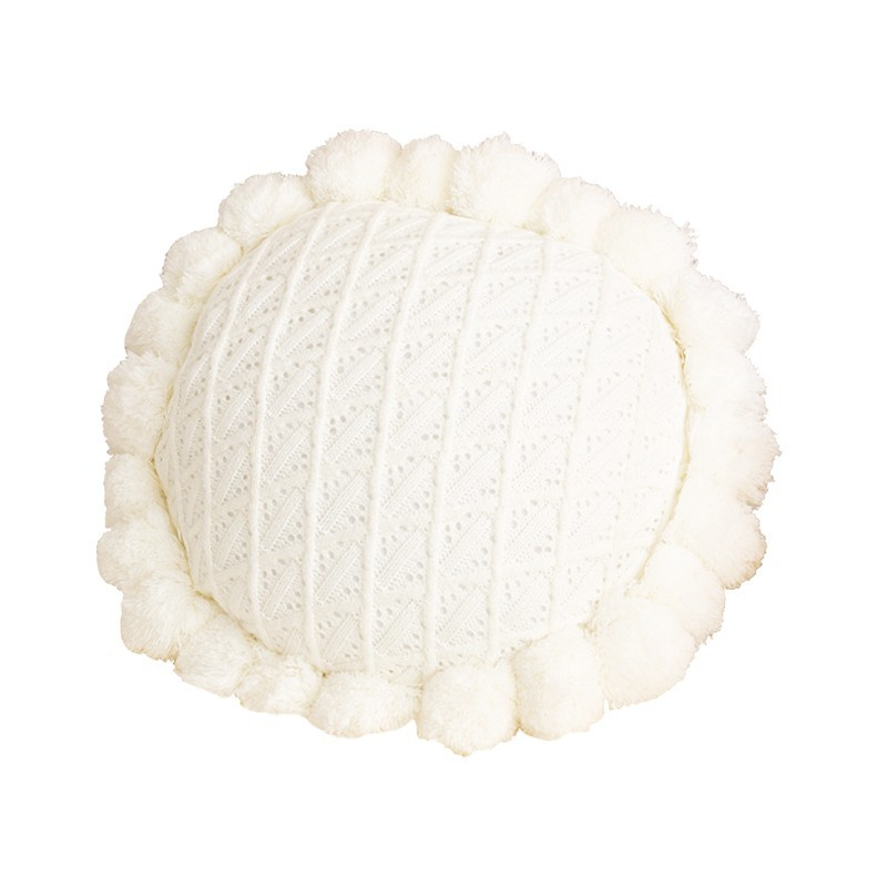 (Ø50cm) Boden Strick Kissen Weiche Boho Home Deko Sitzpolster mit Pompon's - Weiss