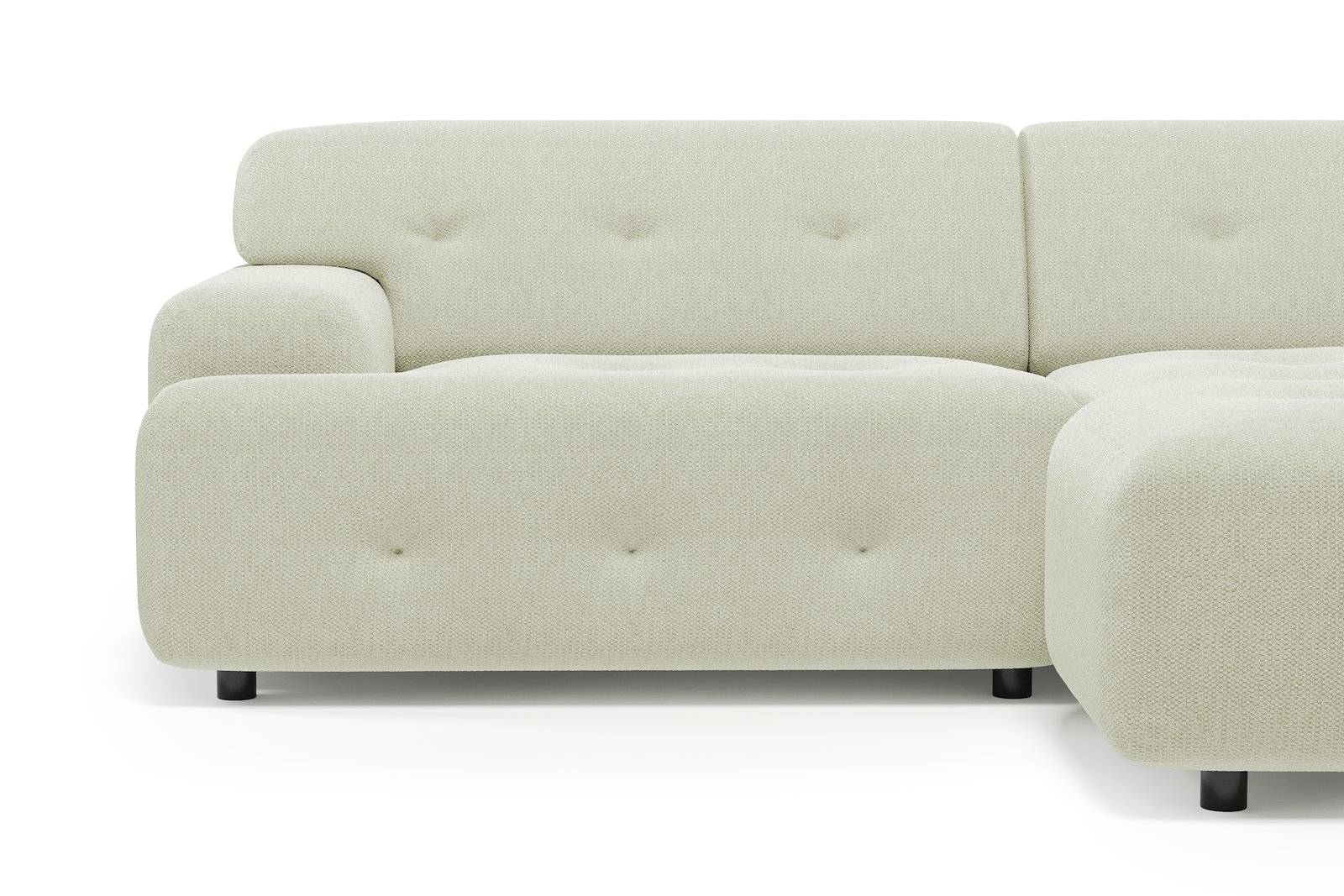 Bob sofa 1,5-seter med sjeselong høyre. Tekstil Mito 01 Antique White med sorte ben.