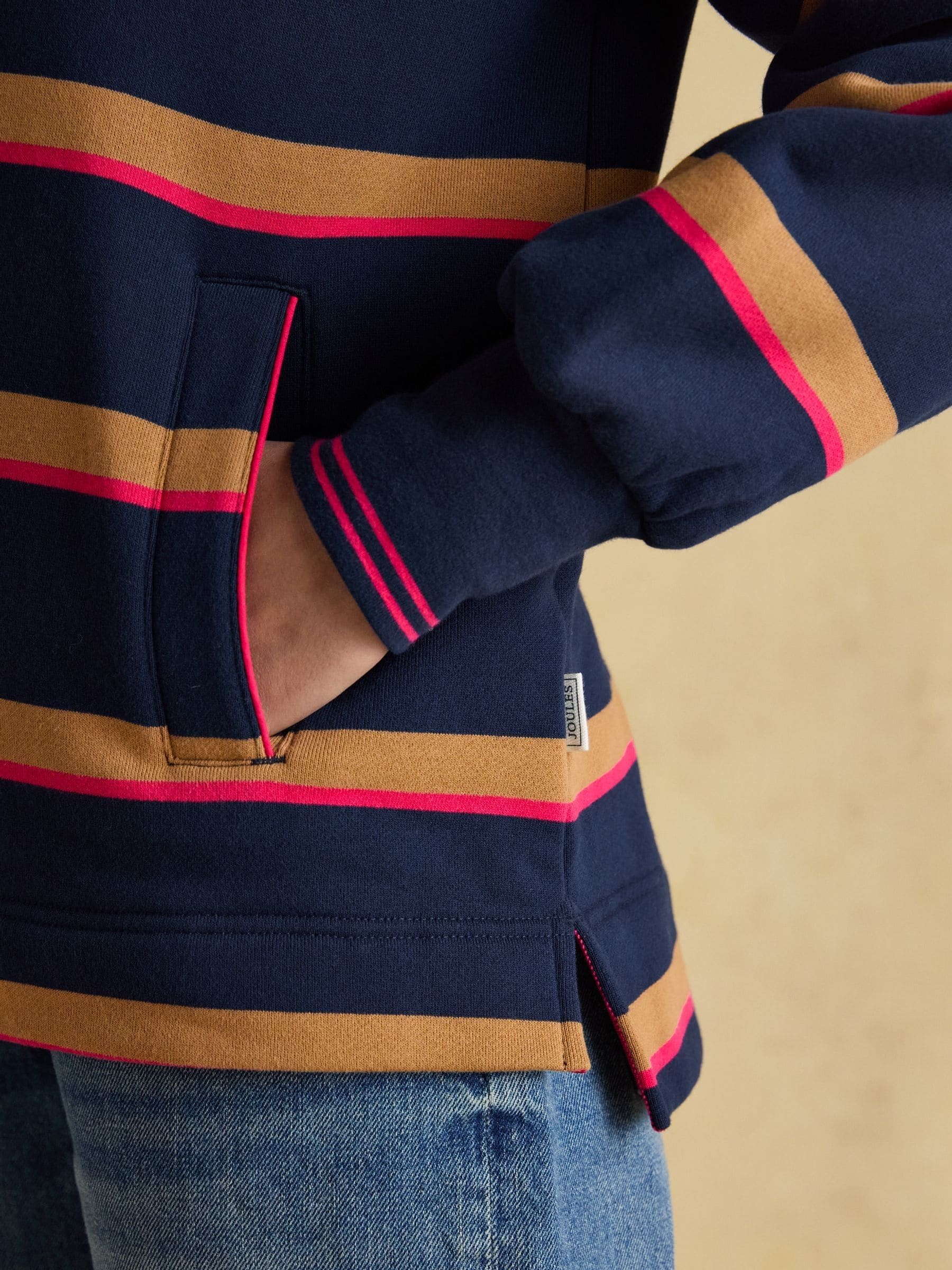 Marineblauw/lichtbruine streep - Joules Burnham Premium Brushed Cotton Funnel Neck Quarter Zip Sweatshirt