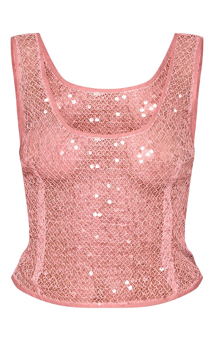 Rose Haut Court En Maille À Sequins Avec Encolure Plongeante Et Détails De Finition