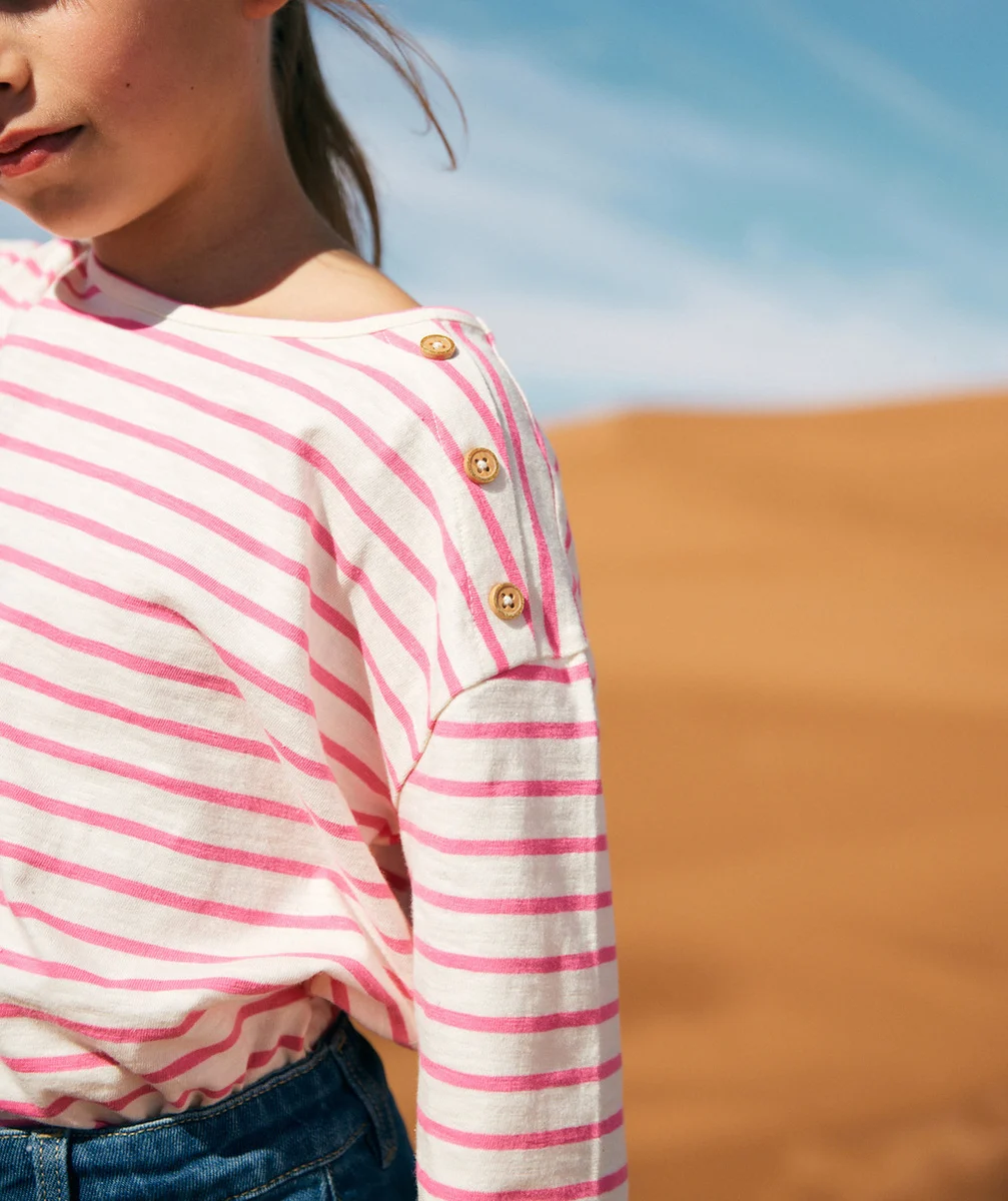 T-SHIRT MANCHES LONGUES FILLE EN COTON BIO RAYÉ ROSE