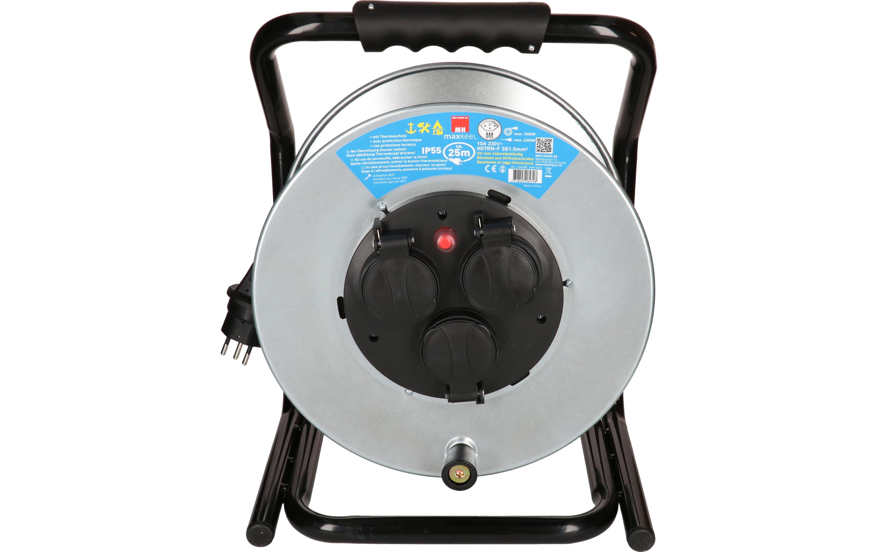 Kabelrolle maxREEL 25 m, 3x T13, IP55, Silber<br>25 m Stahl-Kabeltrommel für den Aussenbereich