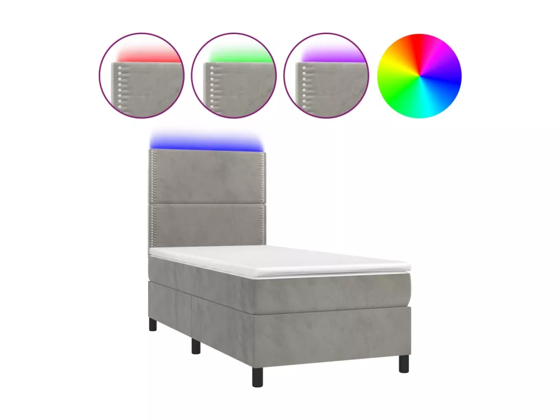 Sommier tapissier et matelas et LED Gris clair 90x190cm Velours