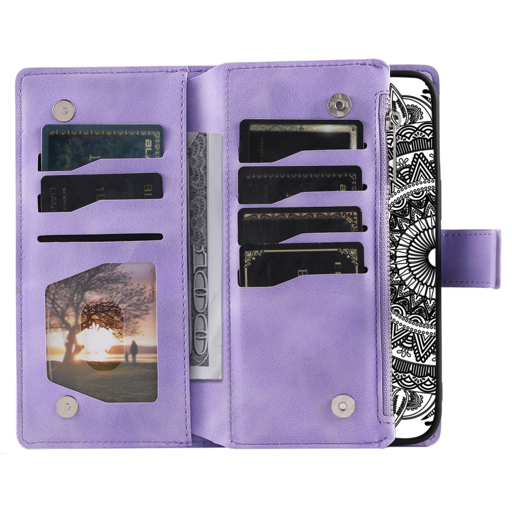 iPhone 15 Leder Tasche Flip Cover mit Reissverschluss - Mandala Flowers Imprint - Lila