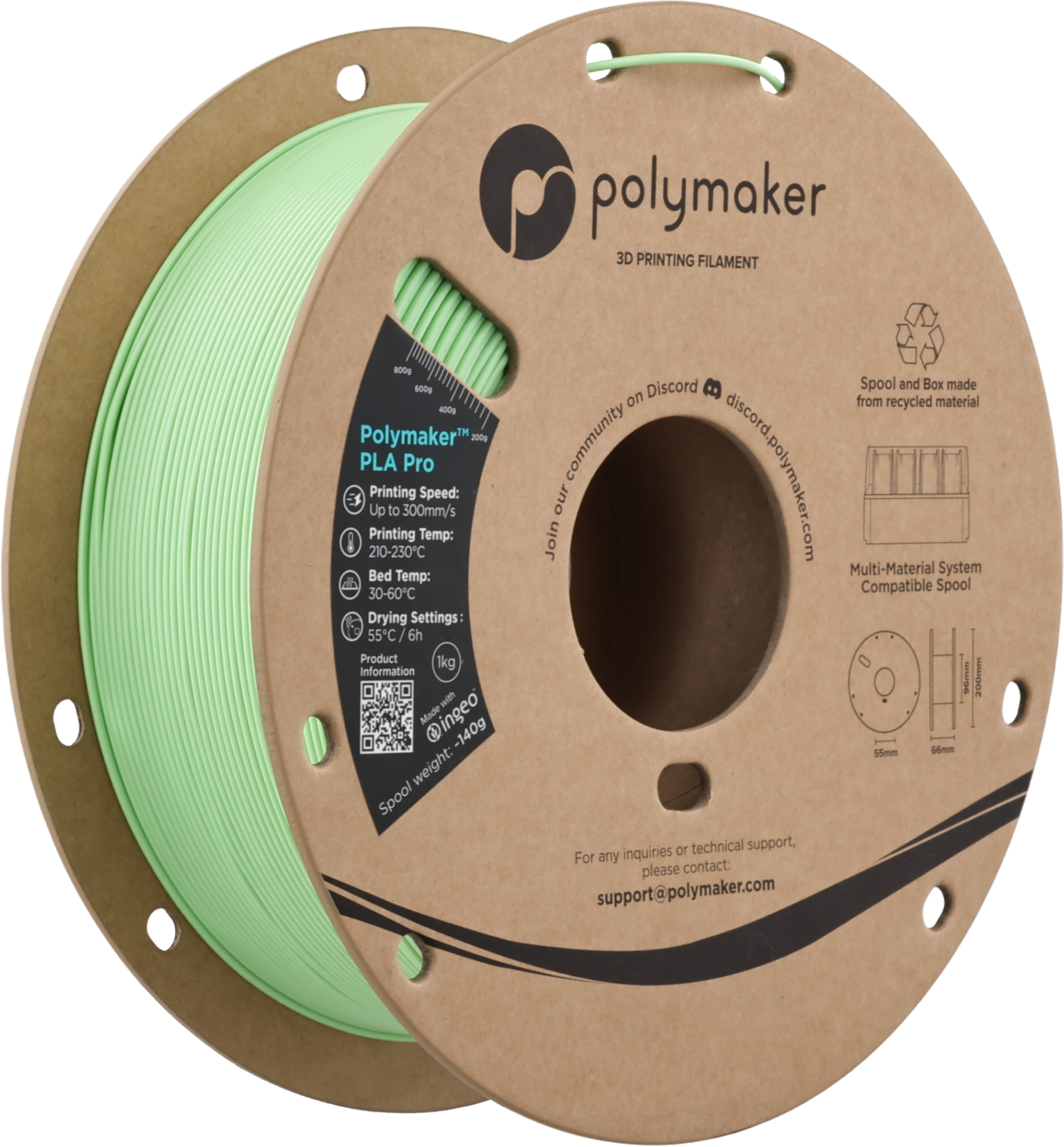 Polymaker  PLA Pro Light Green, 1,75 mm / 1000 g    Neue, verbesserte Formulierung: Hochleistungs-High Speed-PLA in Light Green
