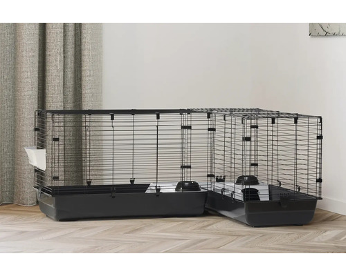 Savic Cubix Hoekkooi voor knaagdieren, ca. 148 x 50 x 63,5 cm, innovatief L-vormig design, opvouwbaar, voor kleine knaagdieren, grijs/zwart