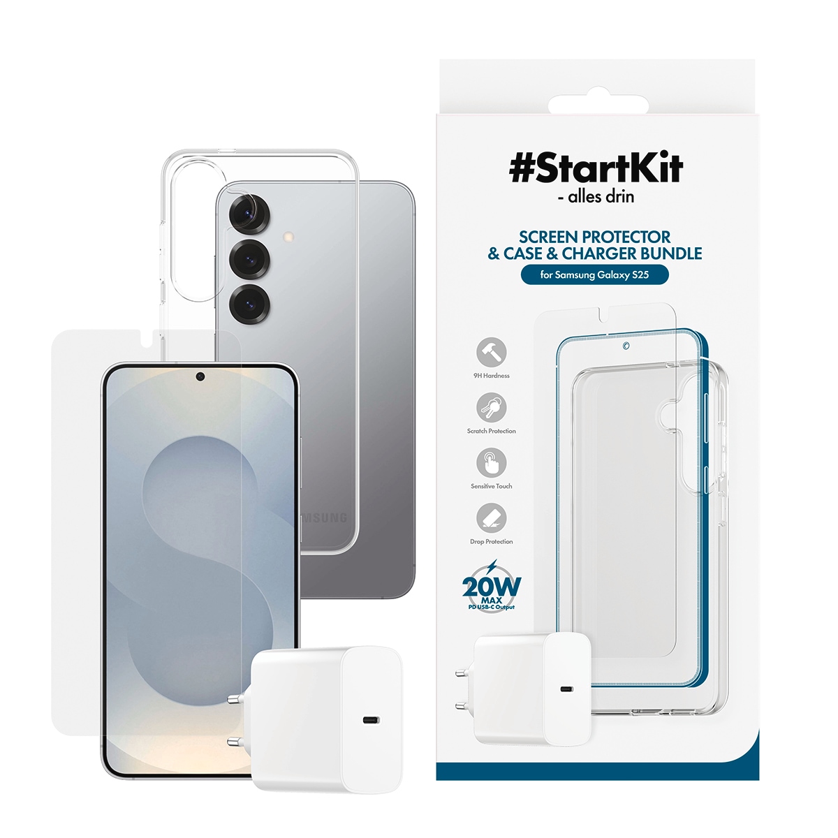 CARE by PanzerGlass USB-Ladegerät »StartKit - alles drin - Screen Protector, Case & Charger« Set, 20W Ladegerät, Displayschutzglas, TPU-Schutzhülle, 3 Stk. tlg. 3-in-1 Bundle für Samsung Galaxy S25