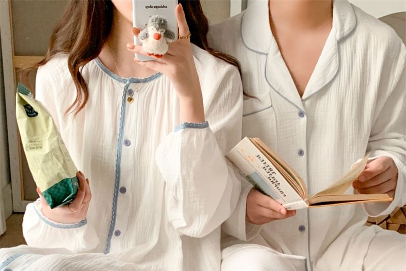 Sadelle - Koppel bijpassende pyjamajurk met contrasterende rand / pyjamaset met lange mouwen